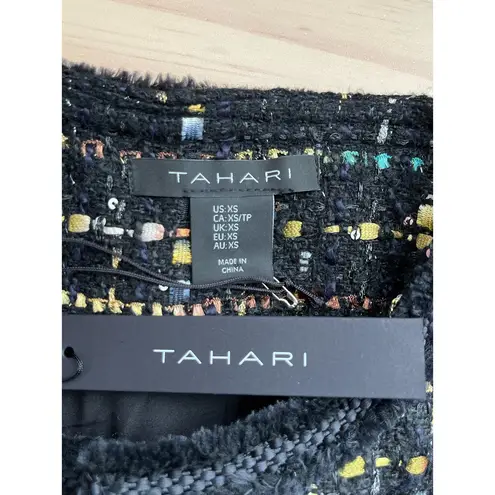 Tahari NWT Metallic Thread Tweed Fringe-Trim Blazer Jacket in Black, XS