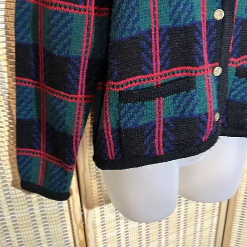 Tally Ho Vintage 1990s Y2K Plaid Tartan Button Down Cardigan Sweater Wool Medium Green