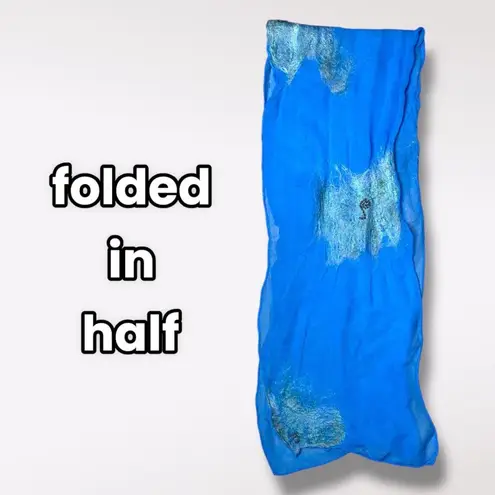 Blue Sheer Silky Scarf Beaded Felted Accents Artistic Lightweight Shawl