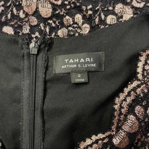 Tahari Lace V Neck Sheath Dress Black & Pink Rose Gold 2 XS