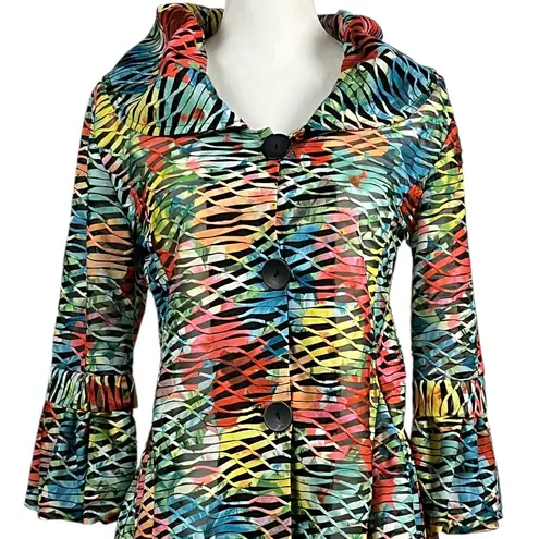 Share Damee Tunic Size Small Blue Black Semi Sheer Ruffle Sleeve Button Front Ab