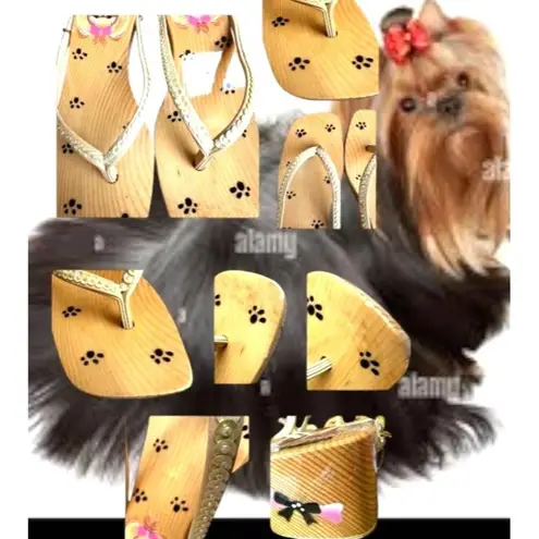 Woodies Yorkie Sandals Size 6 Heels Paw Print Throngs Long Hair Dog Pet READ Tan