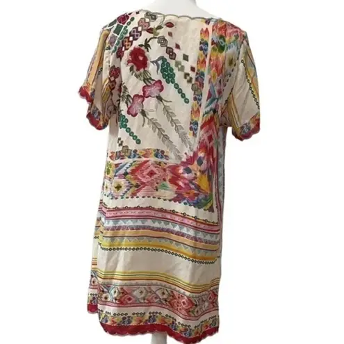 Johnny Was Tulum Tunic Silk Scallop Hem Geometric Floral Short Sleeve