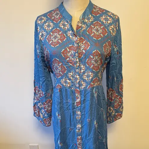 S.L. Fashions Blue Orange Long Sleeve Mandarin Collar Dress Size M