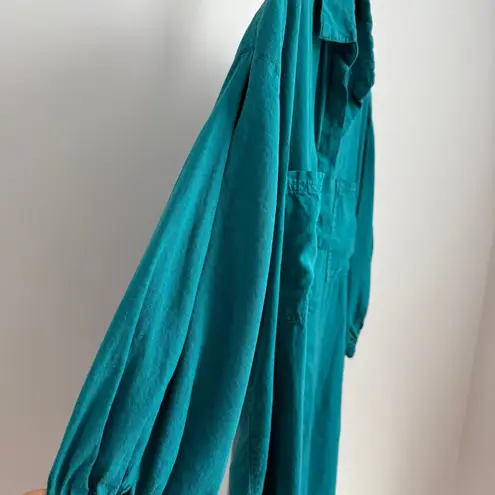 YFB Clothing Teal Green Linen Rayon Shirt Dress Pockets Collared Medium