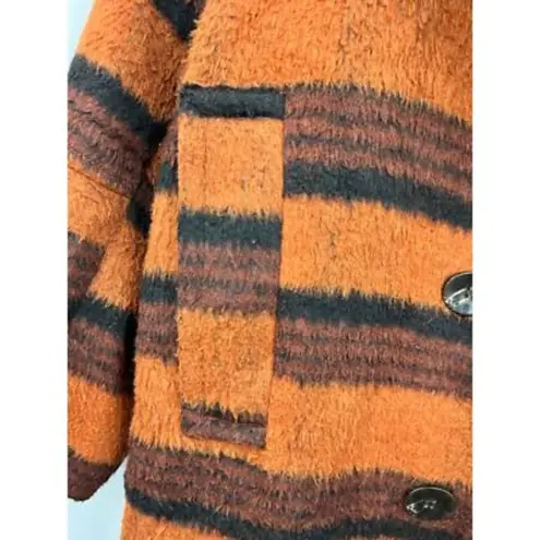 Asos Womens Brushed Coat Brown Orange Striped Buttons Pocket Flaps Collar 12