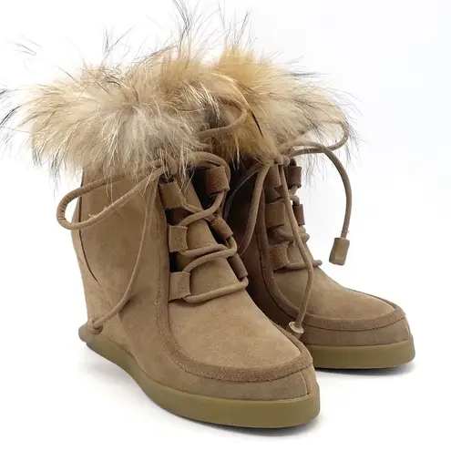 Cecelia New York Holly Wedge Bootie Chestnut Suede Fox Fur Lace Up Boot Size 9 Tan