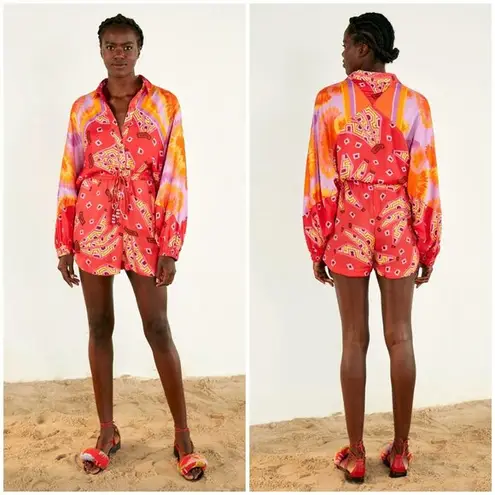 Farm Rio ππ Red Tiki Bananas Scarf Sleeve Romper ~ Tie Dye Cashew Small S NWT