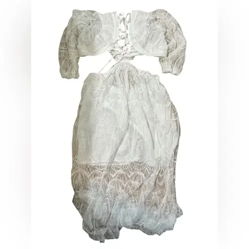 Women's White Cut out Lace Bubble Sleeve Lace Back Maxi Dress NWOT Size XL