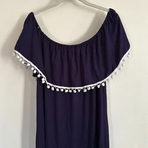 Cider NWT Off Shoulder Pom Pom Ruffle Dress Navy Blue XL