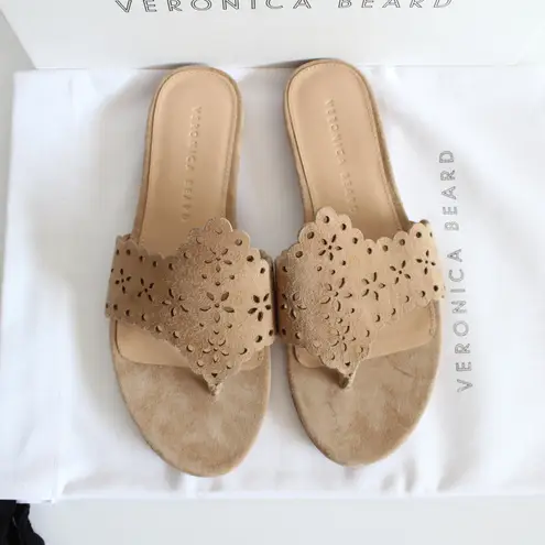 Veronica Beard Sylie Lasercut Eyelet Beige Suede Thong Sandal Flip Flops