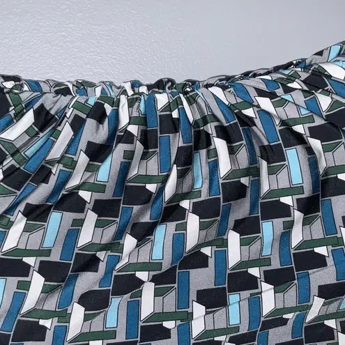 Ellen Tracy Short Sleeve Stretchy Faux Wrap Cinch Side Blue Geo Top M