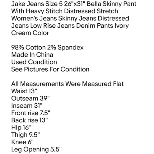 Jake Jeans Size 5 26"x31" Bella Skinny Pant With Heavy Stitch Distressed Stretch