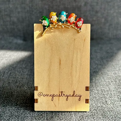 Colorful, Sparkly “Birds on a Branch” Fashion Rhinestone Brooch, Gold