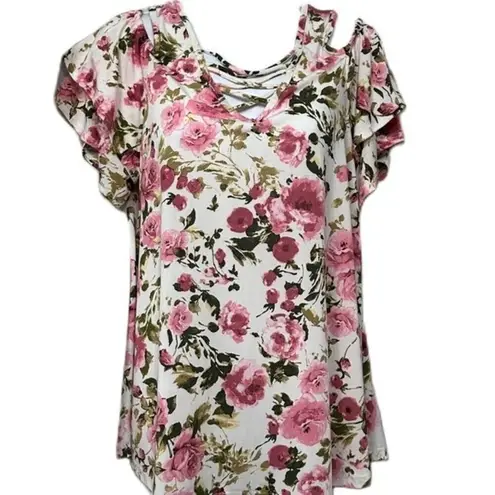 Discreet Floral Print Multicolored Short Sleeve Open Shoulder Size XL Top
