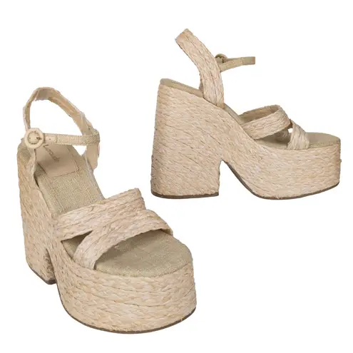 LARROUDE Carmen Raffia Platform Heeled Sandal Beige Open Toe Women's 10 Tan