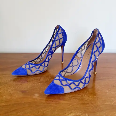 Aquazzura • Kai Suede Heels point toe cut out stiletto mesh royal blue Size 7