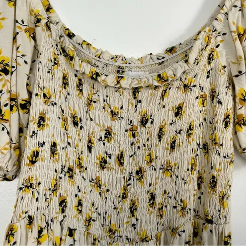 dRA Los Angeles Ivory Yellow Floral Puffed Sleeve Smocked Dress M Size M