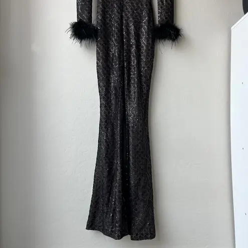 Nadine Merabi Rachel Black Lace Feather Trim Plunge V