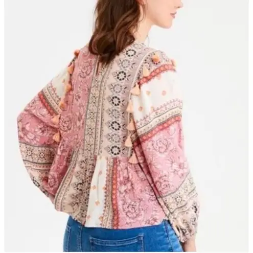 American Eagle Embroidered Balloon Sleeve Tassel Peasant Patchwork Peplum Top XS Pink