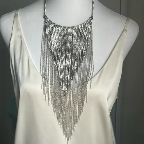 Stunning Statement Rhinestone Silver Tone Chain Fringe Bib Necklace