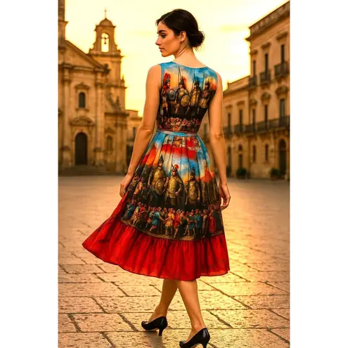 CCC Silk Cotton Medium Knights Scene Print Fit And Flare Midi Dress Italian Art Red