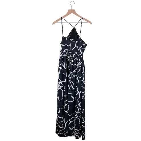 RUNAWAY THE LABEL Maxi Dress Size Large US 8 Black White Floral Key Hole Cutout