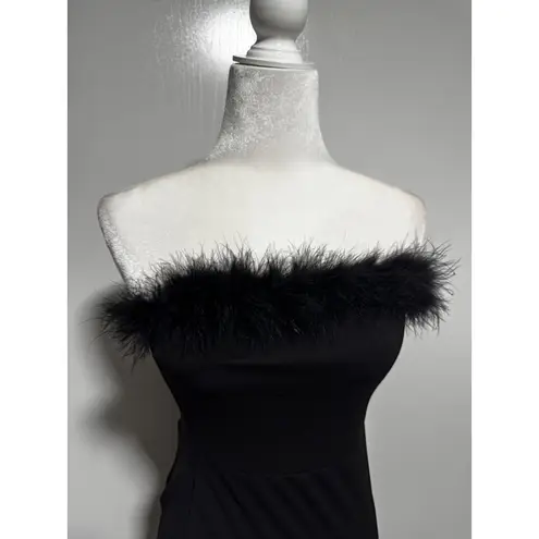 Vintage Deadstock Madrag Black Tube Dress Feather Trim Strapless Mini Party Med