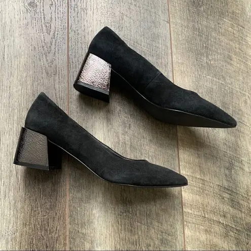 Bleeker and Bond Yasmine Black Suede Pumps Metallic Block Heel Size 6 Black