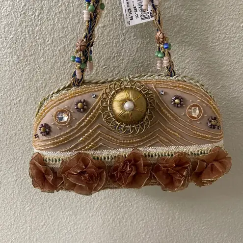 CEM NWT Beaded Evening Bag Purse Taupe Gold Floral Embellished Clutch UNIQUE Tan