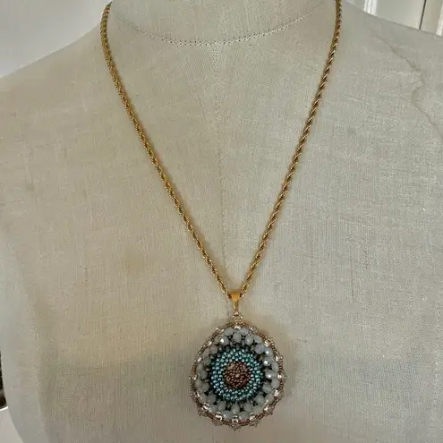 Vintage Reversible Beaded Mandala Pendant Necklace Gold Tone Rope Chain