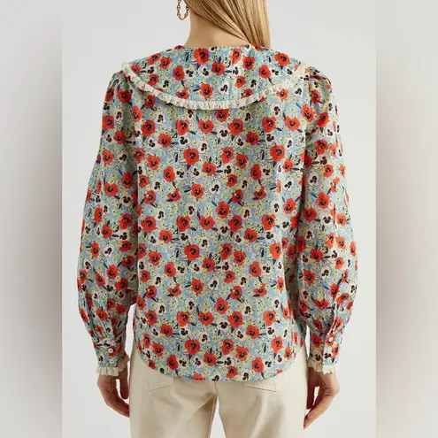 Rixo Small Misha Floral Print Cotton Blouse Blue Multicolor Peter Pan Collar