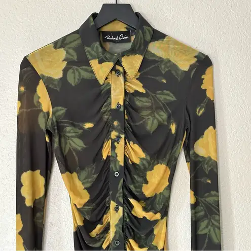 Richard Quinn Dress Floral Rose Ruched Sheer Mesh Shirtdress Black Size 6