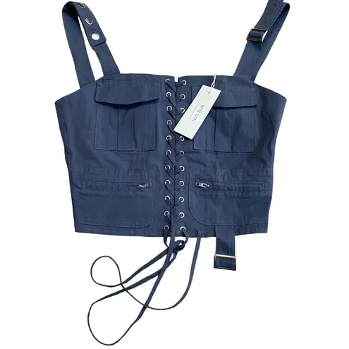 Win Win Women’s M Lace Up Corset Crop Top Bikercore Grunge Buckle Slate Gray New