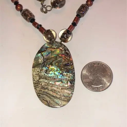 Vintage Boho Glass Beaded Abalone Shell Pendant Necklace