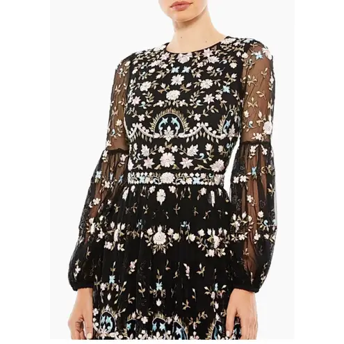 Mac Duggal Floral Embellished Tiered Tulle Gown Ruffle Trim and Poet Sleeves 4