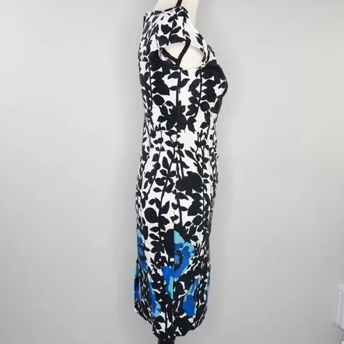 Vintage floral print black white, square neck, bubble short sleeve sheath dress Size XXS