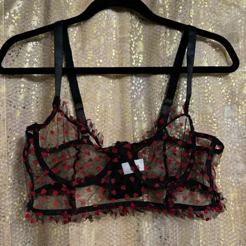 Sexy Black Sheer Red Hearts Lingerie Corset Bra Top Large NWOT
