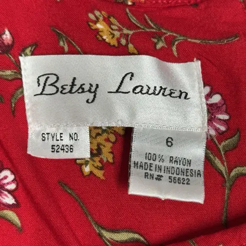 Betsy Lauren Dress Womens 6 Red Yellow Floral Midi Bohemian Cottagecore Prairie