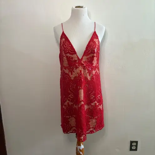 Free People  Red Night Shimmers Lace Mini Dress‎ Sequin Deep V-Neck Party Size 8 - Image 2
