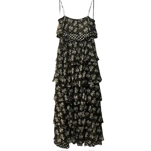 Jill Stuart Jill Black Floral Printed Kiera Ruffle Gown Suze 8