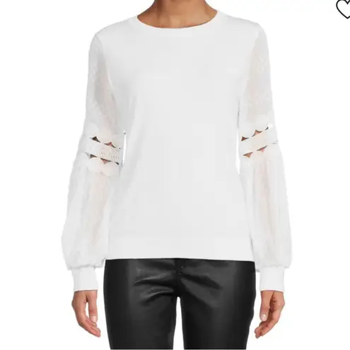 Sioni White Long Sleeve Mix Media Chiffon and Crochet Sleeve Sweater Large