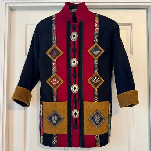 Vintage Coloratura Wool Coat 12P Southwestern Concho Mixed Media Black
