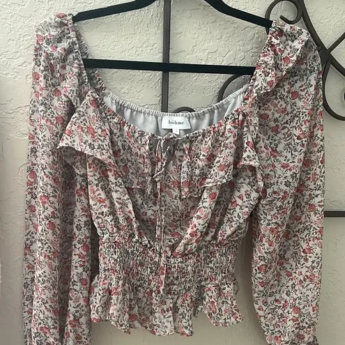 Boheme Cream Ruffled Smocked Blouse with Tie Front White