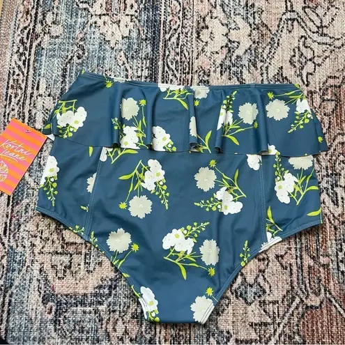 Kortni Jeane NWT Peplum Ruffle Floral High-Waisted Bikini Bottom Blue Medium