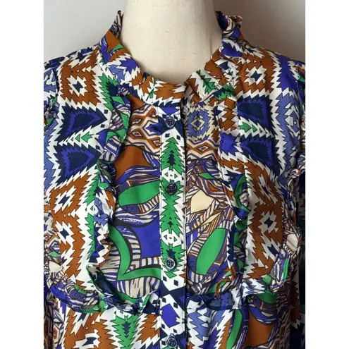 Joy Joy Dress Women Medium Blue Green Abstract Long Sleeve Ruffle Neck Mini