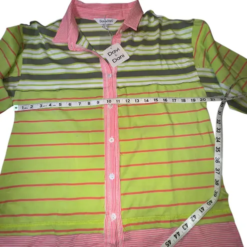 Davi & Dani Striped Button Down Shirt Long Sleeve Neon Pink Green Top -size M