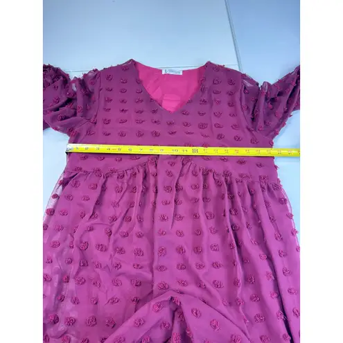 ABYOXI Burgundy Pom‎ Pom Swiss Dot Babydoll Mini Dress Long Sleeve Medium Red