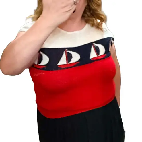 Cambridge Court Vintage Nautical Sailboat Sweater Vest Red White Blue Preppy S