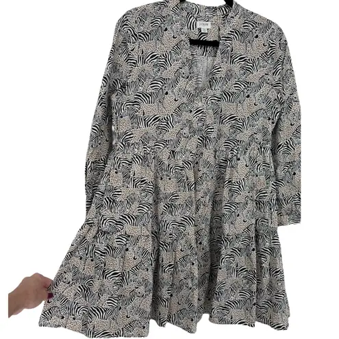 J.Crew Animal Print Novelty Zebra Leopard Long Sleeve Tiered Mini Dress Size XS Black